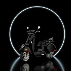 Poster - Blue Classic Vintage Retro or Electric Scooter on a Black Circle Promotion Stage Podium with Backlight. 3d Rendering