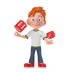 Poster - Cartoon Little Boy Teen Person Character Mascot with Red Game Dice Cubes in Flight. 3d Rendering