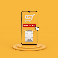 Poster - Online Buy It Now Concept. Mobile Smartphone with Buy Now Button, Shopping Cart Icon and Printed Abstract Shopping Paper Bill Receipt. 3d Rendering
