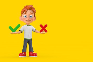 Aufkleber - Cartoon Little Boy Teen Person Character Mascot with Red Cross and Green Check Mark, Confirm or Deny, Yes or No Icon Sign. 3d Rendering