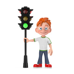 Leinwandbilder - cartoon little boy teen person character mascot with traffic green light. 3d rendering