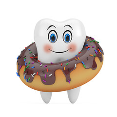 Poster - White Tooth Cartoon Character Person with Big Chocolate Glazed Donut with Color Sprinkles. 3d Rendering