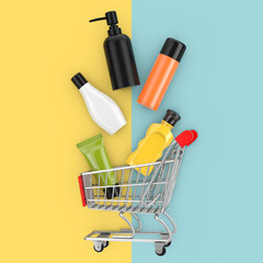 Poster - Many Beauty Fashion Cosmetic Makeup Lotion Bottles Product with Skin Care and Healthcare Concept Falling in Shopping Cart. 3d Rendering