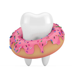 Poster - White Tooth with Big Strawberry Pink Glazed Donut. 3d Rendering