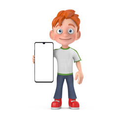 Aufkleber - Cartoon Little Boy Teen Person Character Mascot and Modern Mobile Phone with Blank Screen for Your Design. 3d Rendering