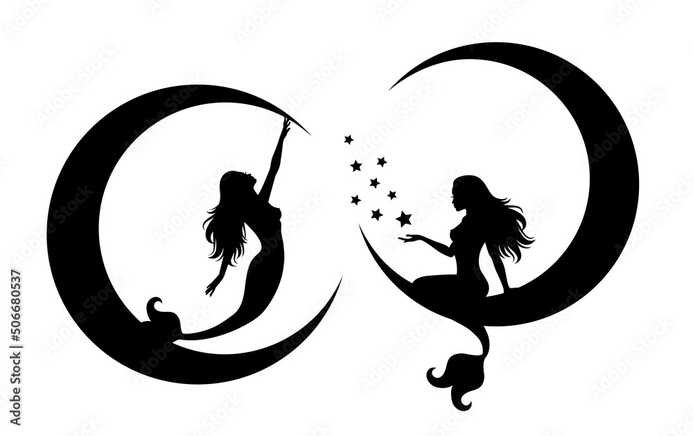 Vector illustration silhouettes of mermaids sitting on a crescent moon ...