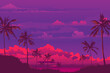 © yuliana_s - Poster, banner - sunset coconut palms with the reflection of the setting sun on the branches against a purple sky with pink clouds which goes beyond the horizon