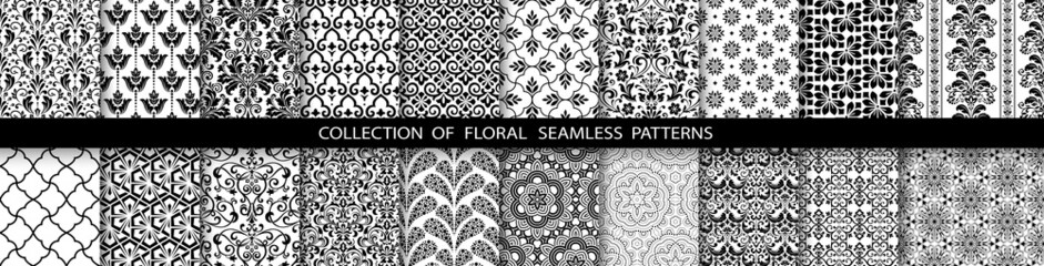 Geometric floral set of seamless patterns. White and black vector backgrounds. Simple illustrations.