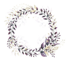 Watercolor Frame With Violet Branches, Leaves, Eucalyptus Twigs And Gold Dust Elements.
