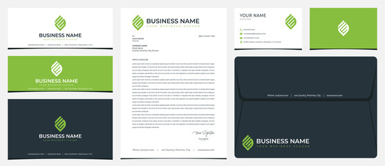 Leaf logo with initials FM with business card stationery and social media banner designs