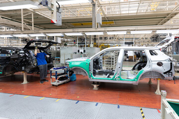 Wall Mural - Car bodies are on assembly line. Factory for production of cars. Modern automotive industry. A car being checked before being painted in a high-tech enterprise