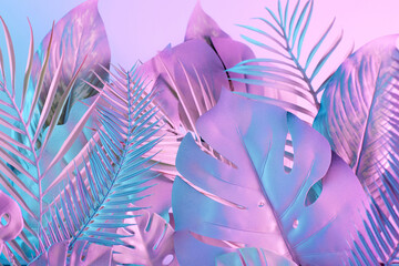 Wall Mural - Jungle neon color layout with leaves in vibrant gradient holographic colors. Creative summer concept.