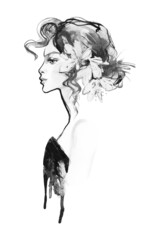 Wall Mural - Watercolor fashion female portrait. Hand drawn young woman with updo hair and flowers. Painting isolated illustration on white background.