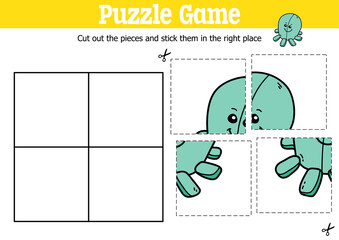 Vector educational kids puzzle game to cut and stick pieces with doodle octopus