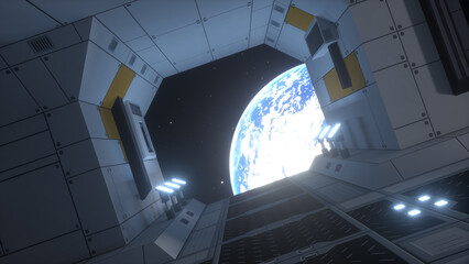 Wall Mural - spaceship corridor. interior of a futuristic spaceship. view of the earth. 3d rendering