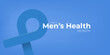 Mens health month concept horizontal banner design template with blue ribbon and text isolated on blue background. June is national mens health awareness month vector flyer or poster