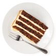 © Moving Moment - Slice of carrot cake with cream cheese filling and frosting on white plate with fork from above.