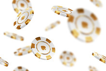 White Gold Casino Chips Falling Seamless Background Isolated On White In Different Positions. Poker Endless Texture With Falling Golden Defocused Blur Elements