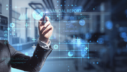 Poster - Global market analyzing concept with man hand writing on digital virtual display with financial report indicators, double exposure