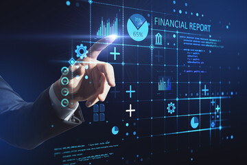 Poster - Investor analyzes stock market report and financial dashboard from business intelligence, with key performance indicators, business analytics concept, double exposure