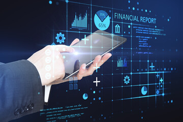 Poster - Global market analyzing concept with businessman hands using digital tablet and virtual screen with financial report indicators and data, double exposure