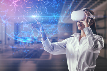Aufkleber - Metaverse and virtual reality concept with young woman using headset touching hologram technological globa data
