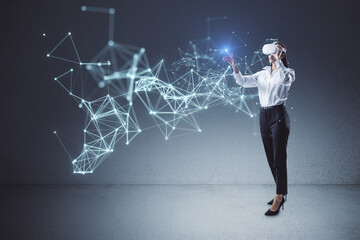 Aufkleber - Cyber and digital world technology with woman waring VR headset playing augmented reality or futuristic style games and programs, metaverse concept
