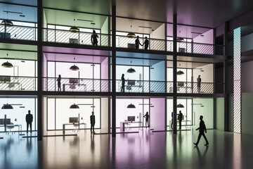 Aufkleber - Perspective view on modern three floors coworking office or show room with small parlors with work spaces and colorful walls and people inside in spacious area with glossy floor