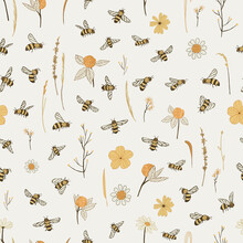 Bees And Flowers Vector Seamless Pattern