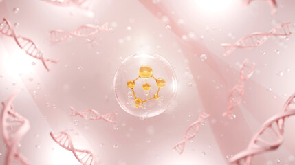 Wall Mural - Molecule inside bubble on pink background, Cosmetic Essence oil Liquid, concept skin care cosmetics solution. 3d rendering. 