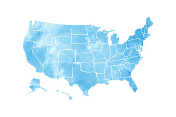 Blue watercolor USA map with borders of the states