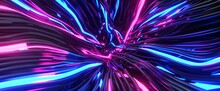 Energy Abstract Knot Made Of Neon Cables. Intertwining Stream Of Purple 3d Render Blue Wires Twisted Into Network. Futuristic Digital Communication Lines With Constant Movement And Overload