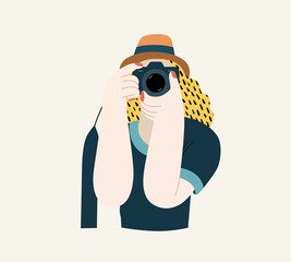 Wall Mural - People portrait - Taking photos -Modern flat vector concept illustration of a young woman taking photo with a camera, half-length portrait, user avatar. Creative landing web page illustartion