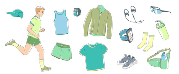 Wall Mural - man running and set elements about jogging in summer time, sportswear, stopwatch, sneakers, tracker, water bottle, headphones, sunglasses, ca