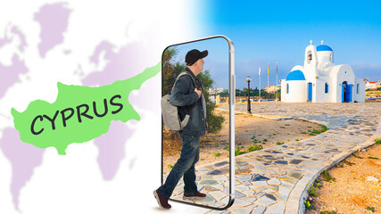 Poster - online travel to cyprus. a tourist uses a smartphone as a door to travel. tours in the mobile app. a