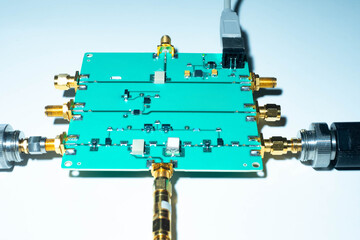 Poster - electronic industry. pcb concept. board with chips and connecting elements. the printed circuit boar