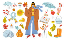 Autumn Vector Set. Modern Girl In Coat Fall Outfit
