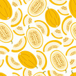 Seamless pattern of yellow melons, halves and pieces of melon on a white background. Melon seeds. Vector illustration