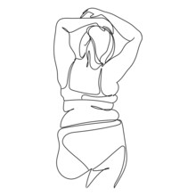 Minimal Art Curvy Woman In Line Art Style Vector Illustration Isolated On White Background. Positive Person.Plus Size Girl In Underwear Back View,continuous Line Art Design.