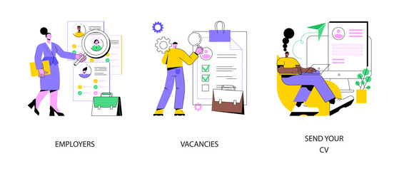 Poster - apply for a job abstract concept vector illustration set. employers and vacancies, send your cv, hir