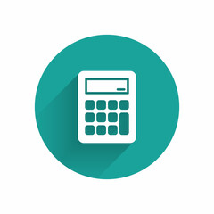 Poster - White Calculator icon isolated with long shadow. Accounting symbol. Business calculations mathematics education and finance. Green circle button. Vector