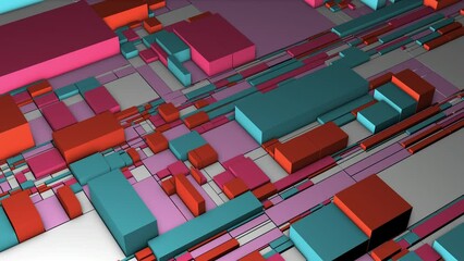 Poster - Abstract geometric background with moving blocks of different size and colors. Motion. 3D rectangular shapes surface.