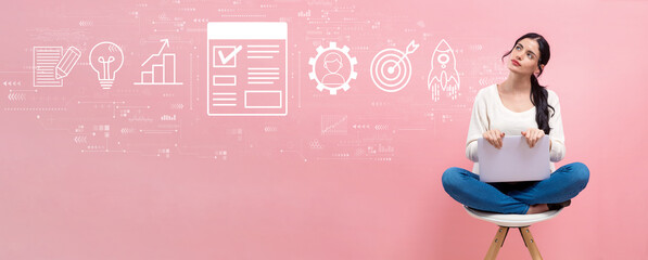 Poster - Project management theme with young woman using a laptop computer