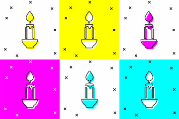 Canvas Print - Set Burning candle icon isolated on color background. Cylindrical candle stick with burning flame. Vector