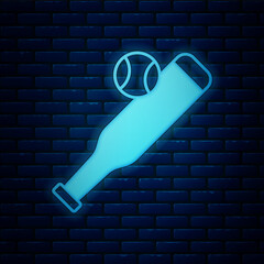 Sticker - Glowing neon Baseball bat with ball icon isolated on brick wall background. Vector