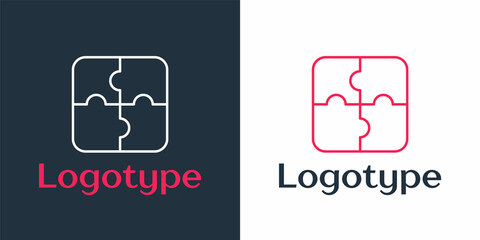 Poster - Logotype line Piece of puzzle icon isolated on white background. Business, marketing, finance, template, layout, infographics, internet concept. Logo design template element. Vector