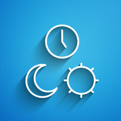 Poster - White line Day and night with time icon isolated on blue background. Long shadow. Vector