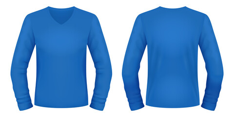Wall Mural - Blank blue V-neck long sleeve shirt template. Front and back views. Vector illustration.