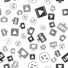 Sticker - Set Play Video, Music note, tone, Like in speech bubble and Like and heart on seamless pattern. Vector