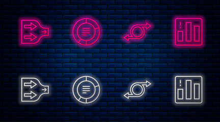 Wall Mural - Set line Pie chart infographic, Arrow, and . Glowing neon icon on brick wall. Vector